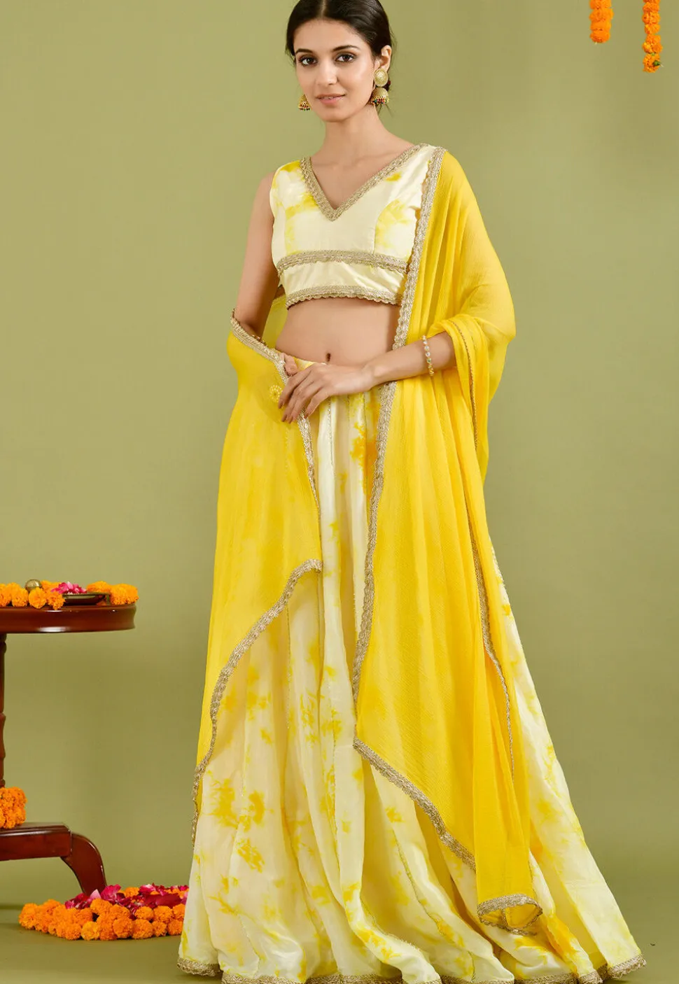 Printed Muslin Silk Lehenga in Light Yellow