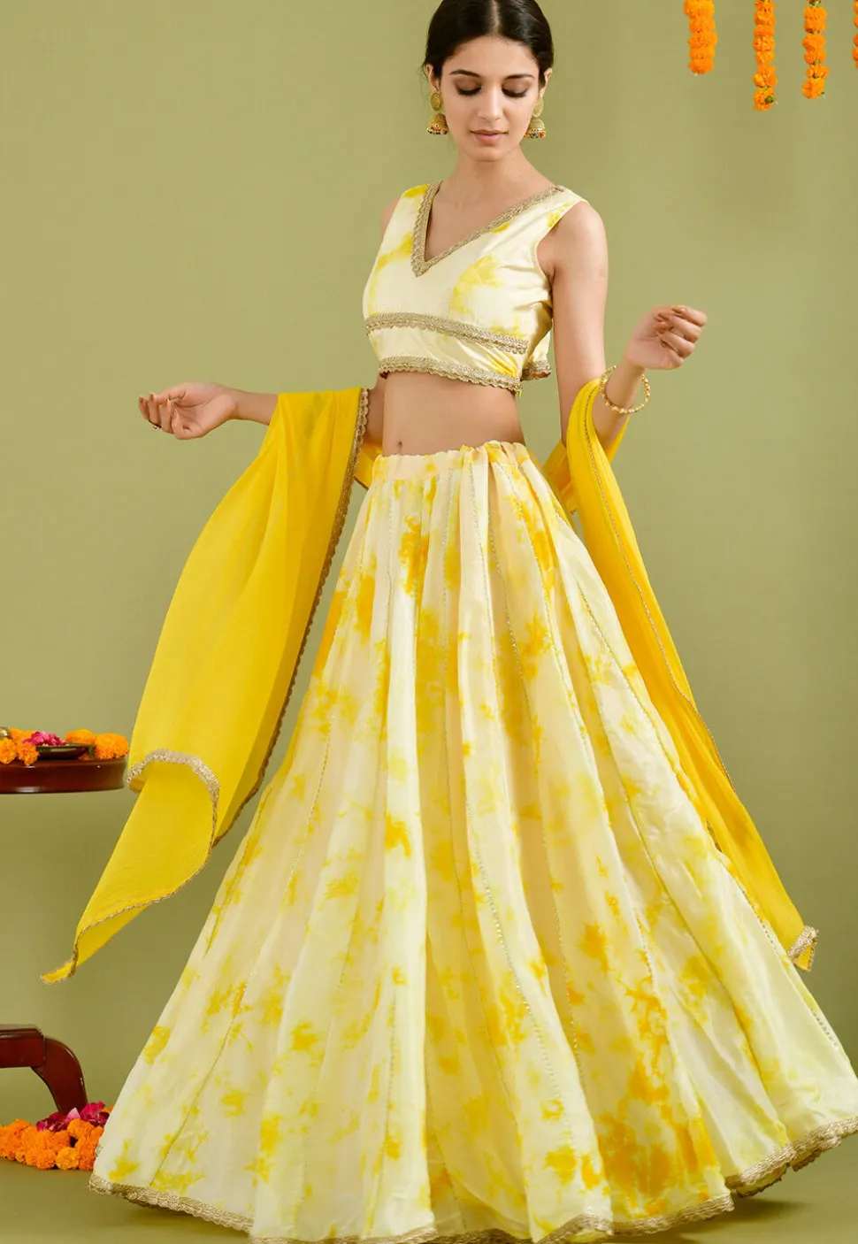Printed Muslin Silk Lehenga in Light Yellow