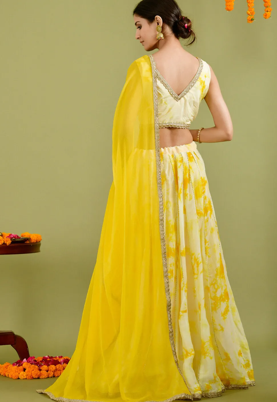 Printed Muslin Silk Lehenga in Light Yellow