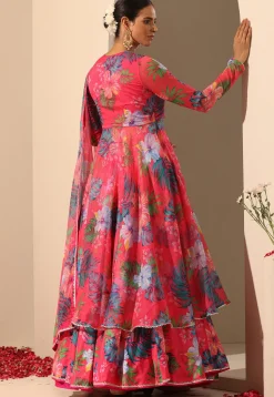 Printed Muslin Silk Lehenga in Pink