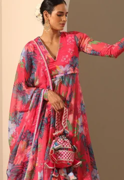 Printed Muslin Silk Lehenga in Pink