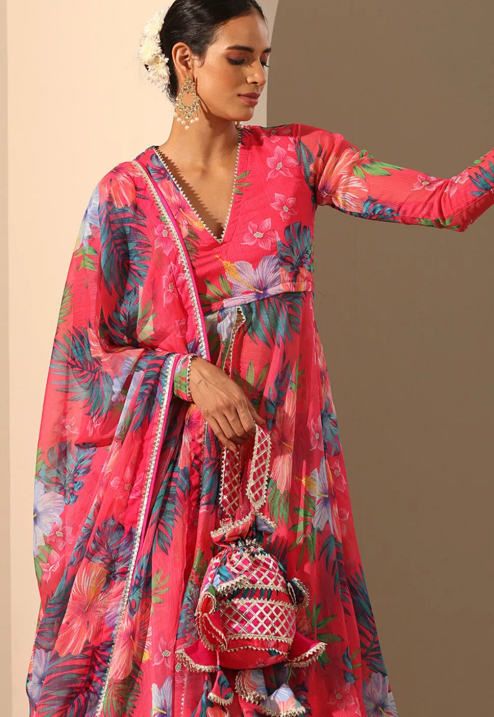 Printed Muslin Silk Lehenga in Pink
