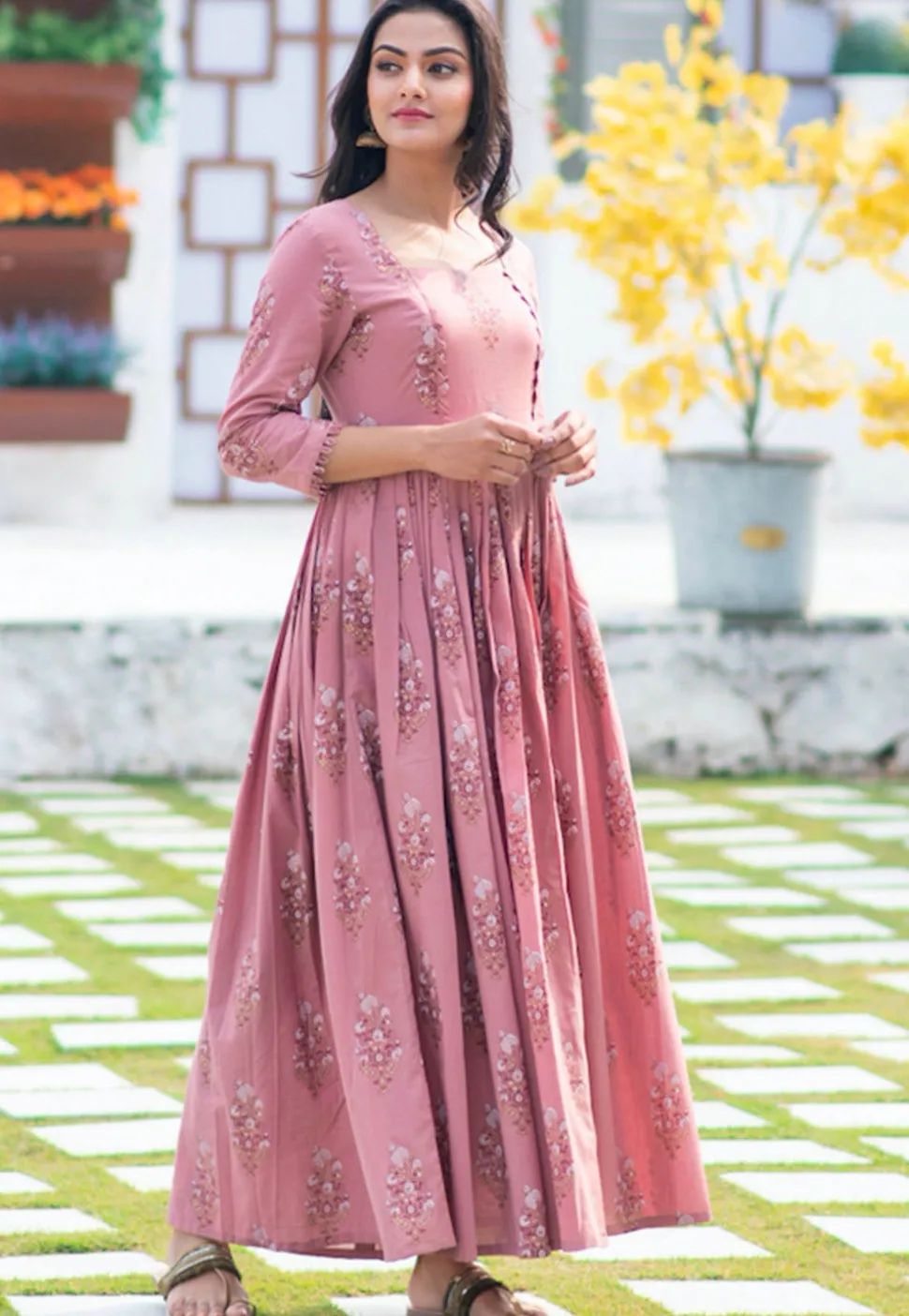 Printed Muslin Silk Long Kurta in Old Rose