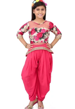 Printed Net and Bhagalpuri Silk Top Set in Pink and Beige