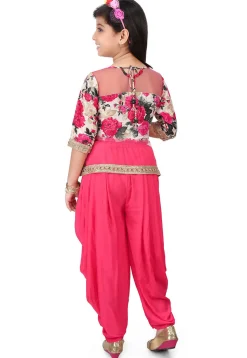 Printed Net and Bhagalpuri Silk Top Set in Pink and Beige