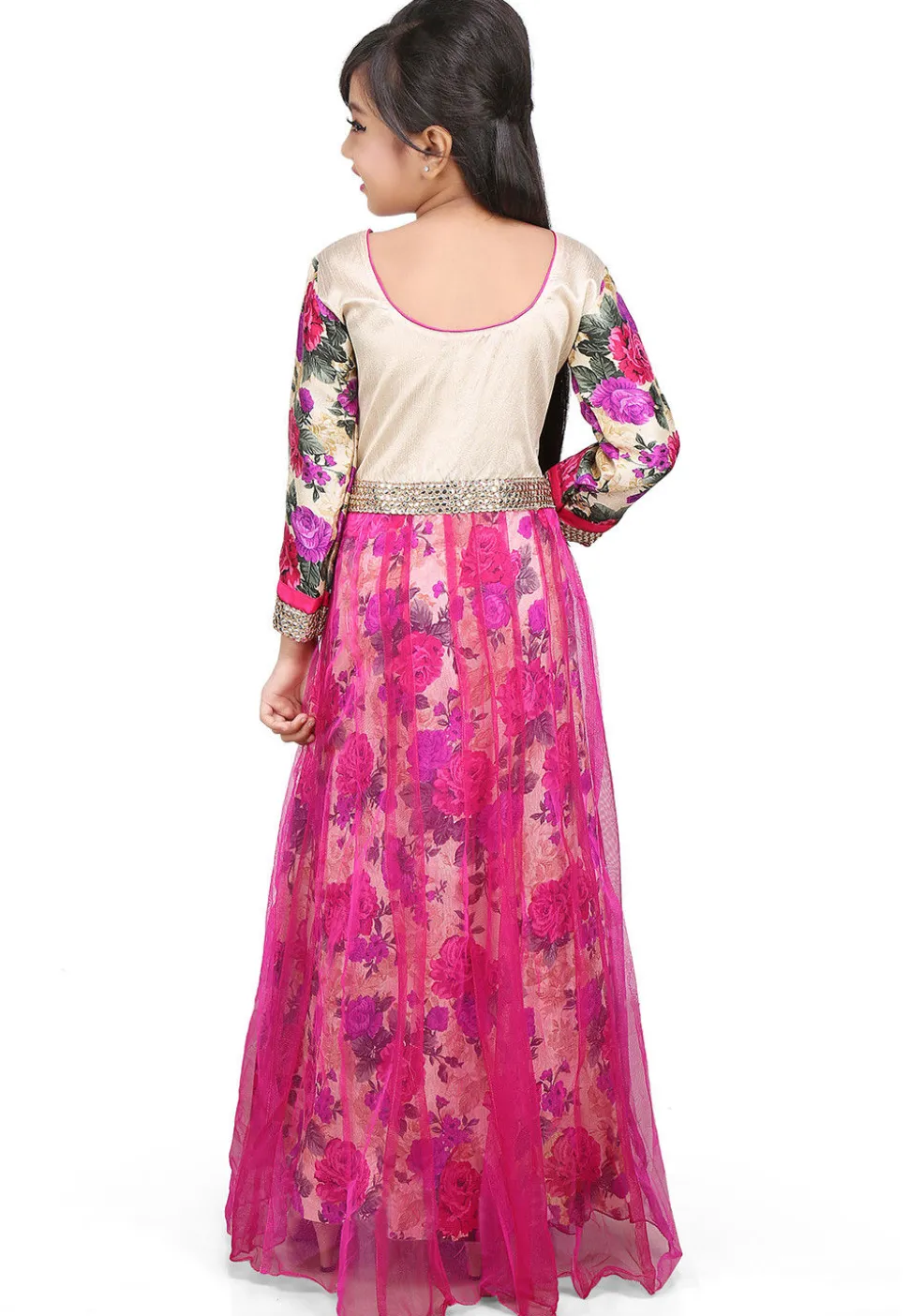 Printed Net and Ghicha Silk Gown in Beige and Magenta