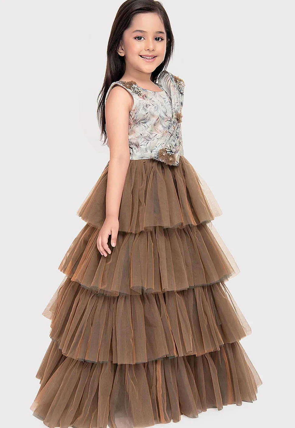 Printed Net Gown in Brown and Cream