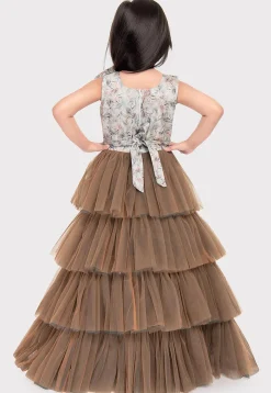 Printed Net Gown in Brown and Cream