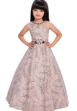 Printed Net Gown in Peach