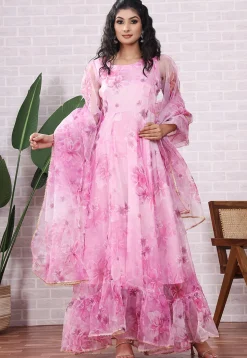 Printed Organza Abaya Style Suit in Pink
