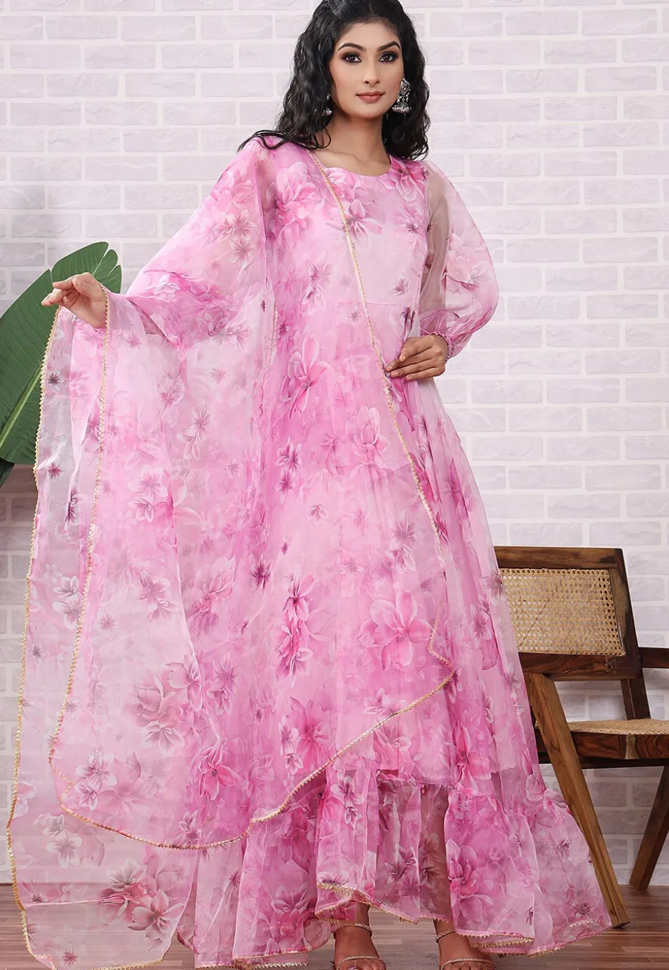 Printed Organza Abaya Style Suit in Pink