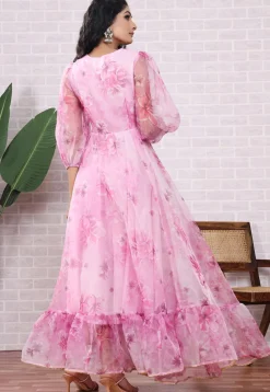Printed Organza Abaya Style Suit in Pink