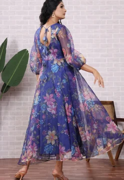 Printed Organza Aline Suit in Blue