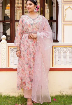 Printed Organza Anarkali Suit in White