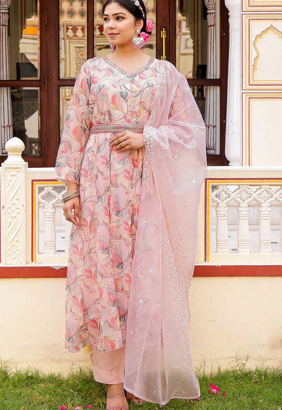 Printed Organza Anarkali Suit in White