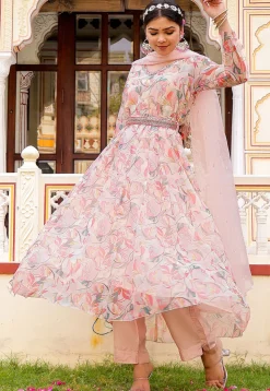 Printed Organza Anarkali Suit in White