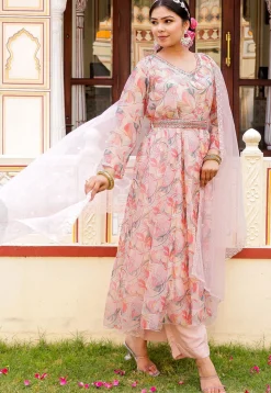 Printed Organza Anarkali Suit in White