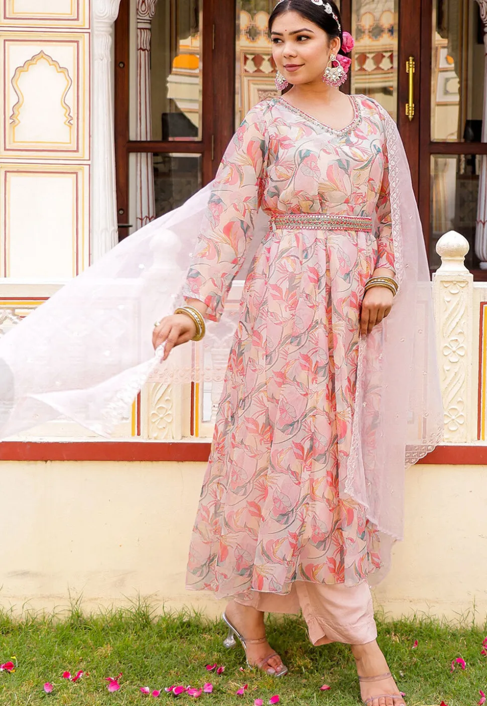 Printed Organza Anarkali Suit in White