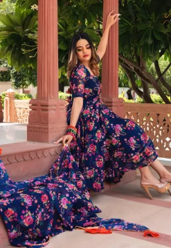 Printed Organza Anarkali Suit in Navy Blue