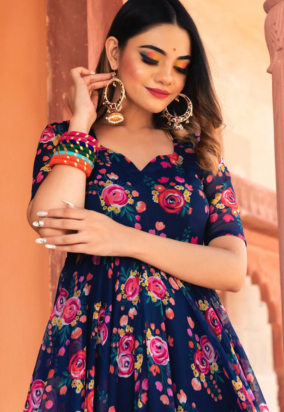 Printed Organza Anarkali Suit in Navy Blue