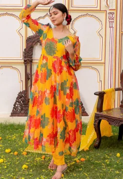 Printed Organza Anarkali Suit in Mustard