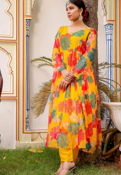 Printed Organza Anarkali Suit in Mustard