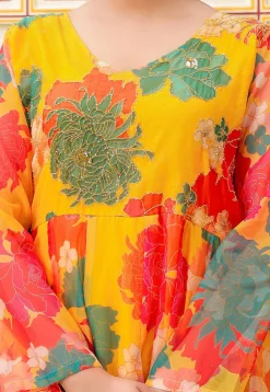 Printed Organza Anarkali Suit in Mustard