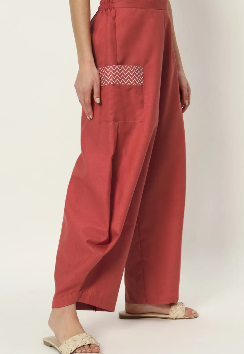 Printed Pockets Pure Cotton Cowl Pant in Coral Pink