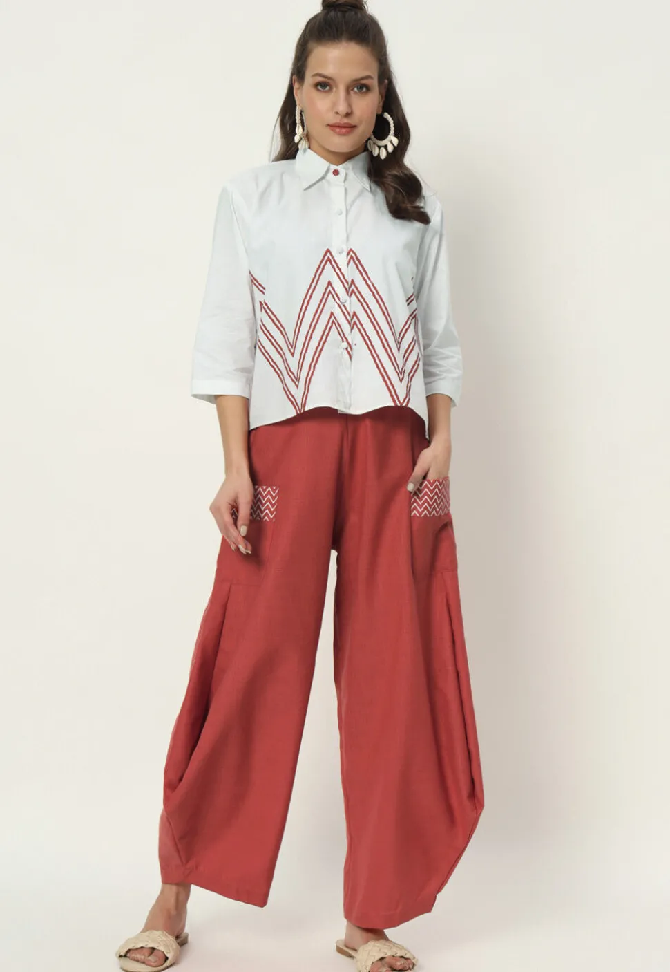 Printed Pockets Pure Cotton Cowl Pant in Coral Pink
