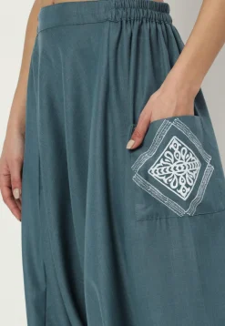 Printed Pockets Pure Cotton Harem Pant in Dusty Blue