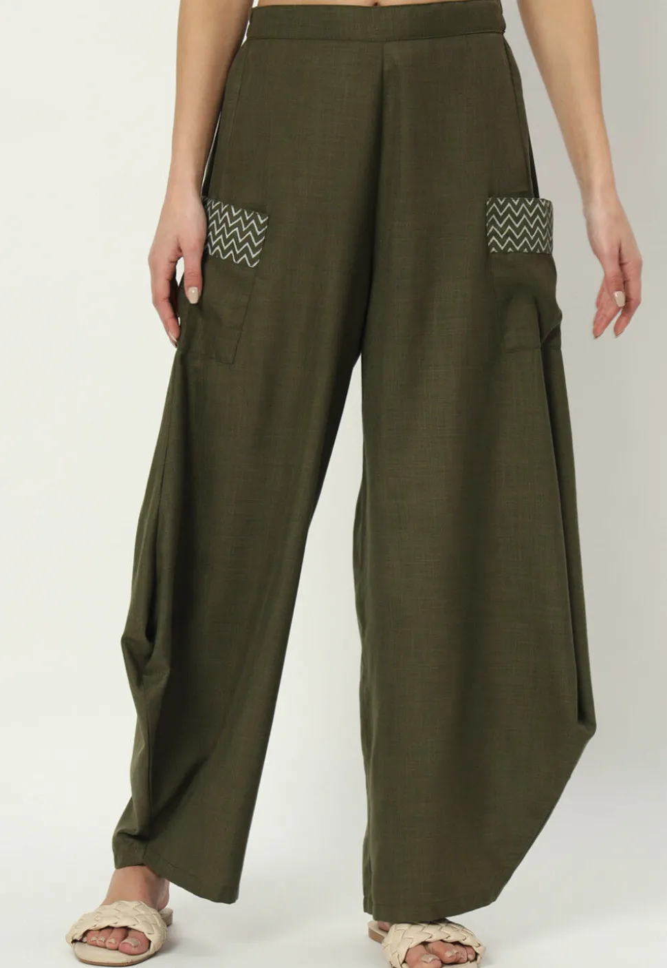 Printed Pockets Pure Cotton Cowl Pant in Dark Olive Green