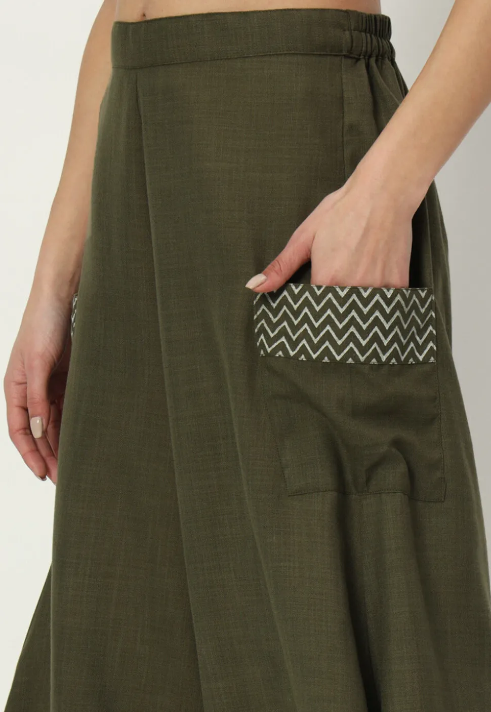 Printed Pockets Pure Cotton Cowl Pant in Dark Olive Green