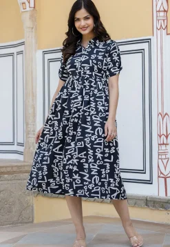 Printed Polyester Aline Dress in Navy Blue