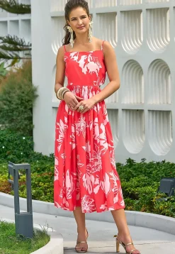 Printed Polyester Dress in Coral Red