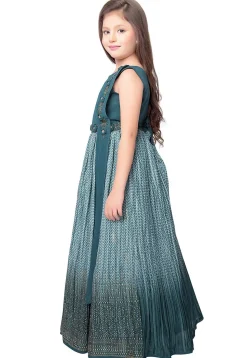 Printed Polyester Gown with attached Dupatta in Blue
