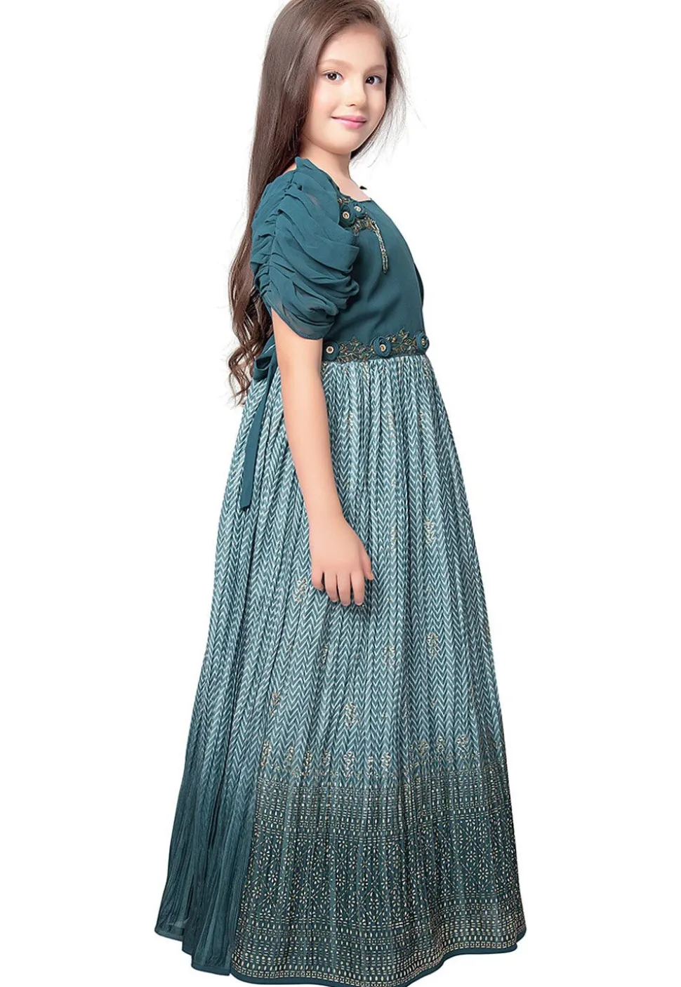 Printed Polyester Gown with attached Dupatta in Blue