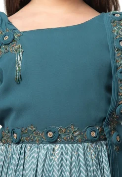 Printed Polyester Gown with attached Dupatta in Blue
