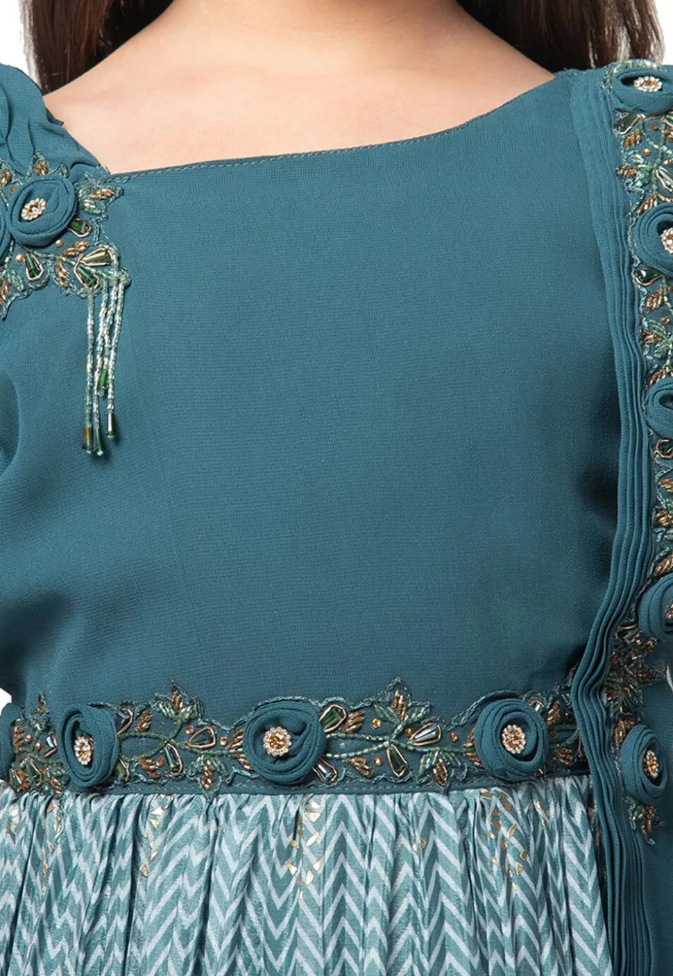Printed Polyester Gown with attached Dupatta in Blue