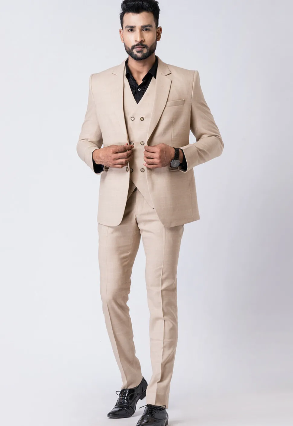 Printed Polyester Tuxedo in Beige