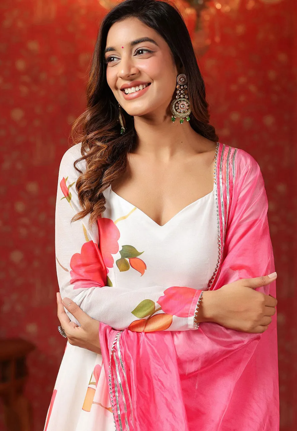 Printed Pure Chanderi Cotton Aline Suit in White