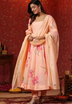 Printed Pure Chanderi Cotton Aline Suit in Peach