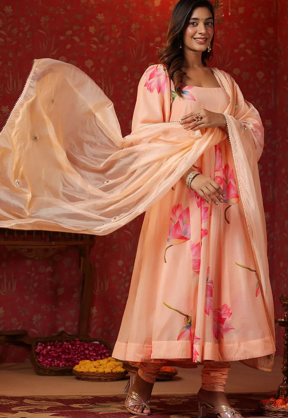 Printed Pure Chanderi Cotton Aline Suit in Peach
