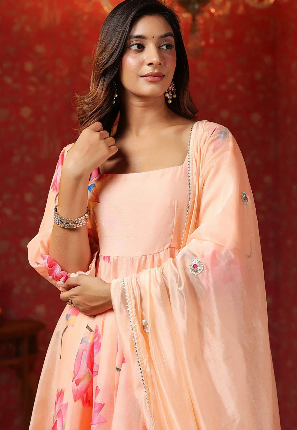 Printed Pure Chanderi Cotton Aline Suit in Peach