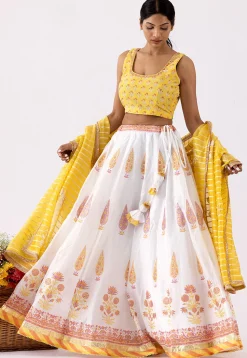 Printed Pure Chanderi Cotton Lehenga in White