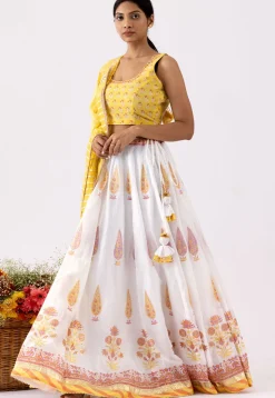 Printed Pure Chanderi Cotton Lehenga in White