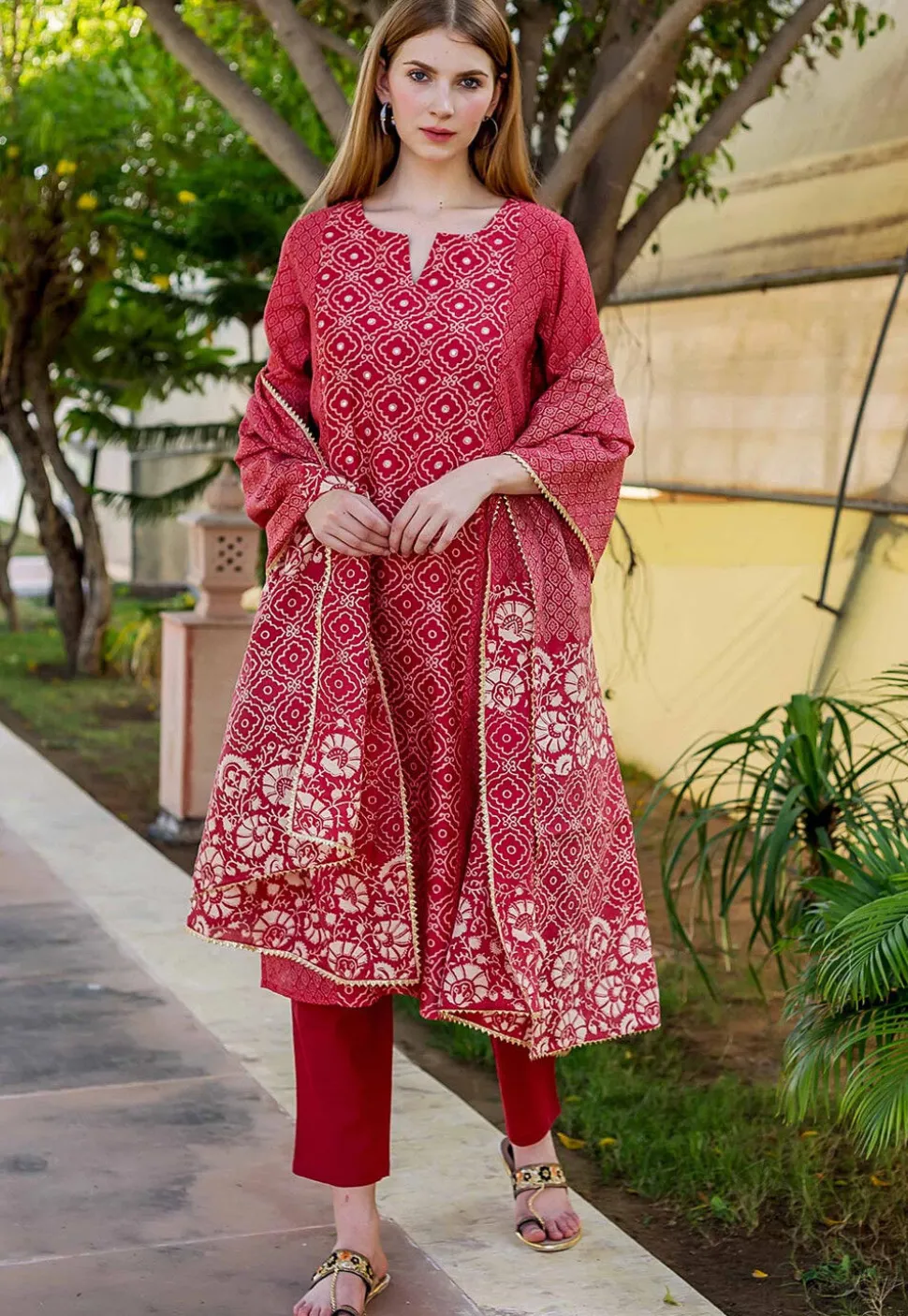 Printed Pure Chanderi Cotton Pakistani Suit in Red