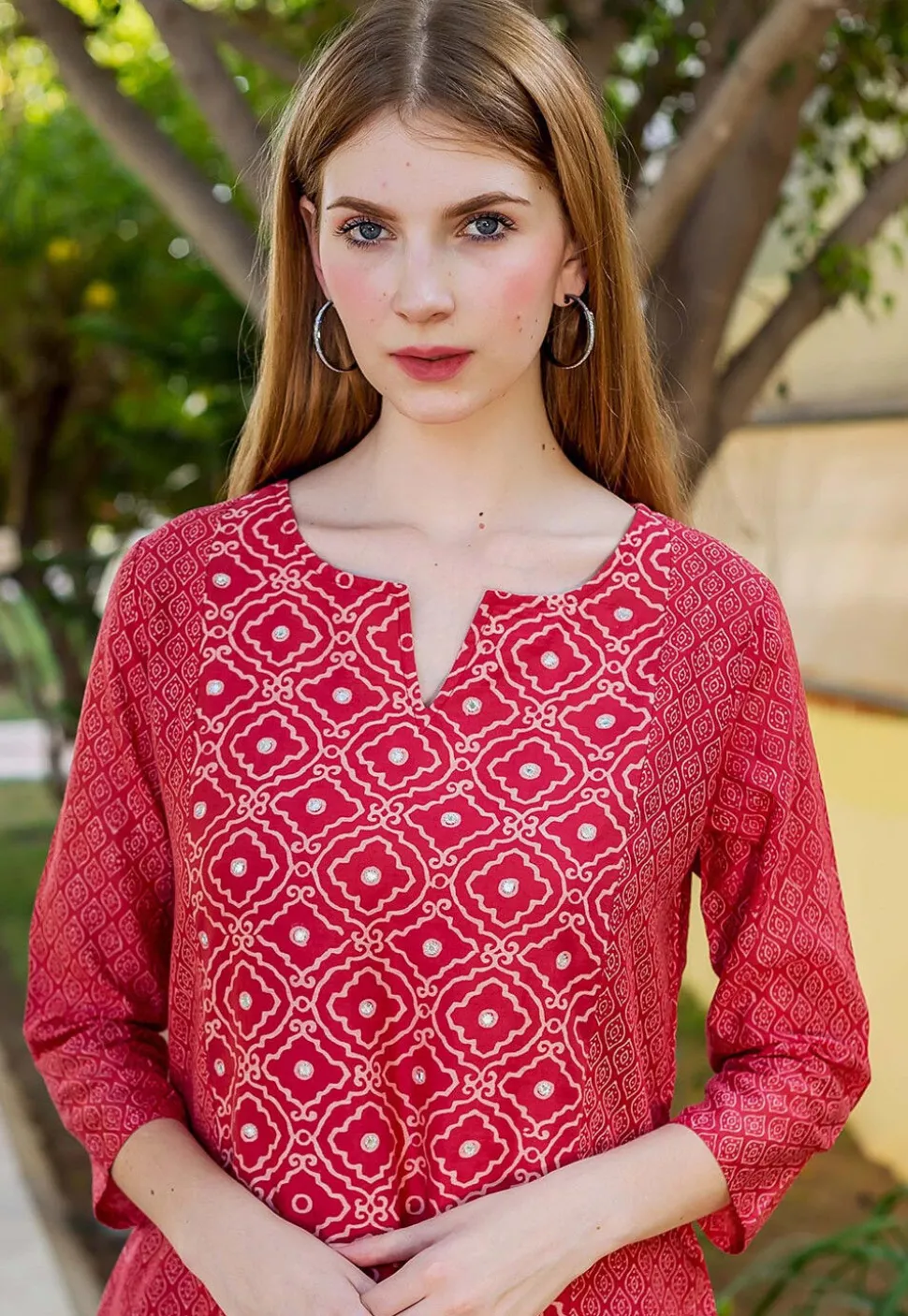 Printed Pure Chanderi Cotton Pakistani Suit in Red