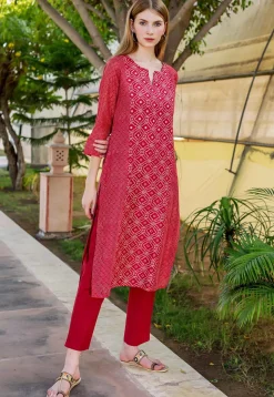 Printed Pure Chanderi Cotton Pakistani Suit in Red