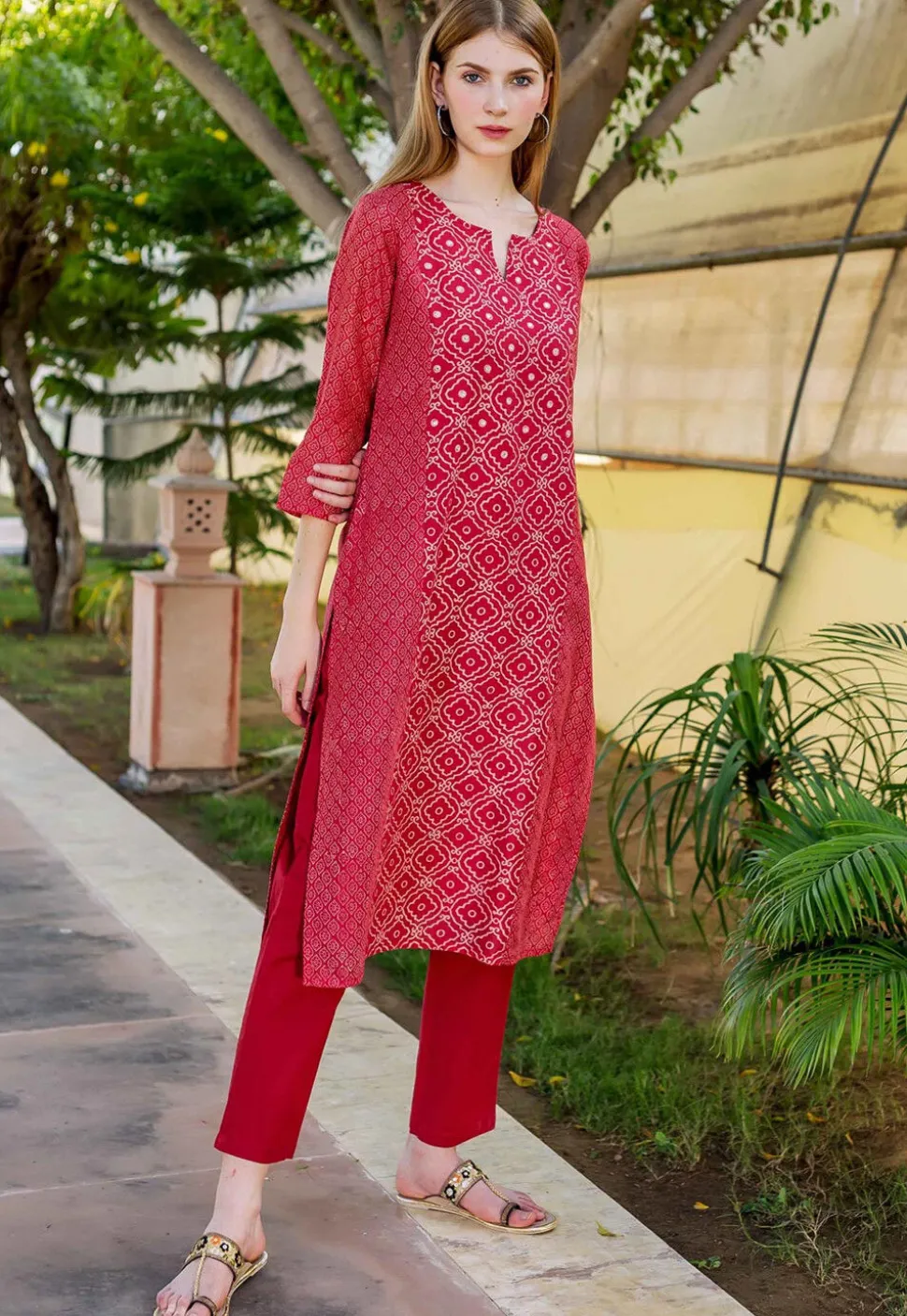 Printed Pure Chanderi Cotton Pakistani Suit in Red