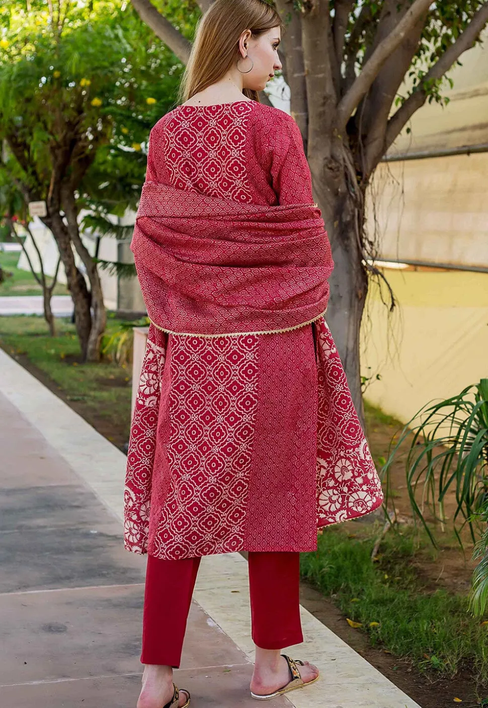 Printed Pure Chanderi Cotton Pakistani Suit in Red